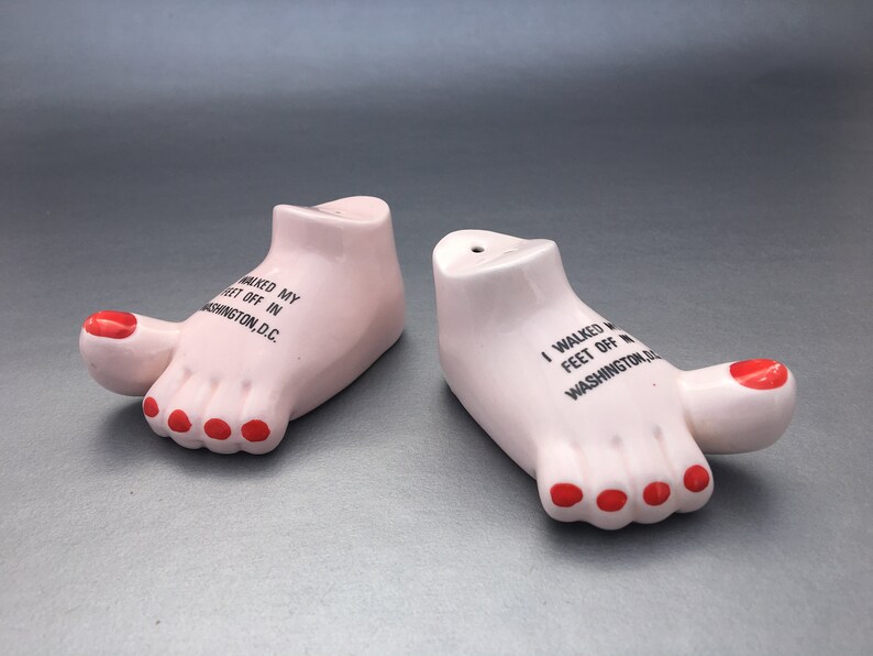 Walking Feet Salt and Pepper Shakers-Vintage-Collectible-Tableware-Retro Kitchen-Washington DC-Souvenir-Red Toenails-Bare Feet-Made in Japan Home & Living Dining & Serving vadel.com