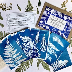 May include: A solar printing kit with instructions and five cyanotype prints featuring white fern and flower silhouettes on a blue background. The kit is surrounded by dried ferns and flowers.