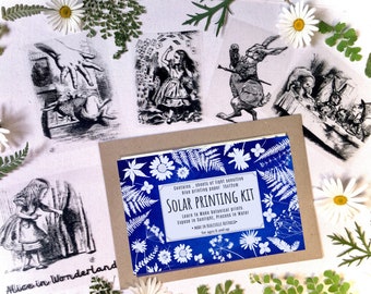 Cyanotype kit , Alice stencils , Sun  printing kit, wonderland diy craft kit