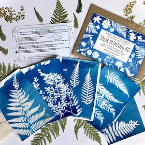 May include: A solar printing kit with instructions and five cyanotype prints of ferns and flowers. The kit includes a brown envelope with a floral design and the text "Solar Printing Kit" on the front.