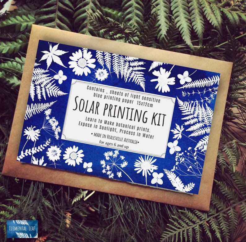 May include: A blue and white box with the text "SOLAR PRINTING KIT" and instructions for making botanical prints using light sensitive paper. The box is surrounded by white silhouettes of plants on a blue background.