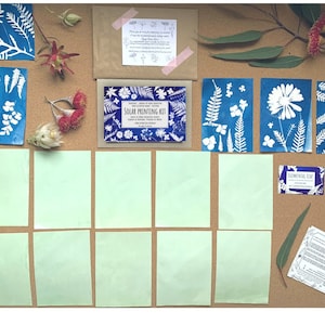 May include: A solar printing kit with eight blank cards, instructions, and cyanotype prints of various plants and flowers. The kit includes a card that says "Solar Printing Kit".
