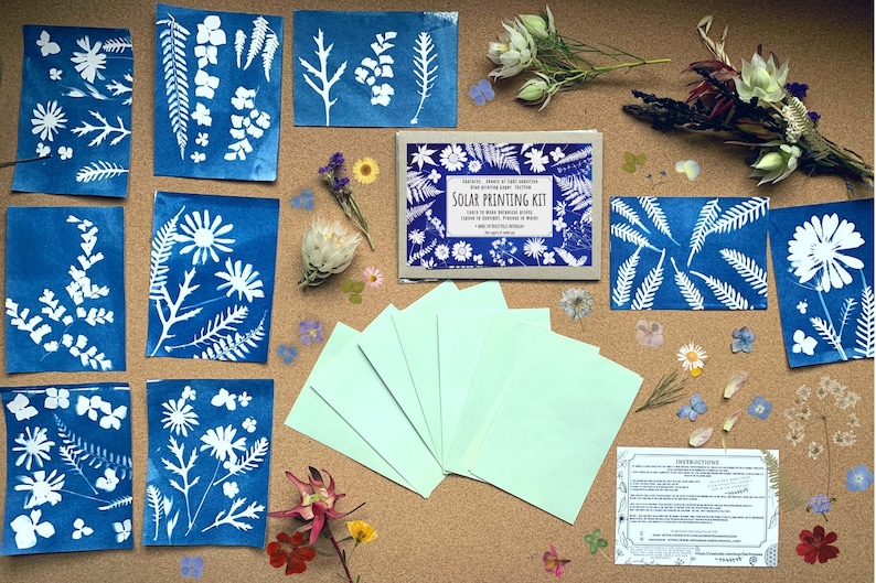 May include: A solar printing kit with a brown paper box that says "Solar Printing Kit" and includes instructions, blue cyanotype paper, and a set of six blank cards. The kit also includes a variety of dried flowers and leaves for printing.