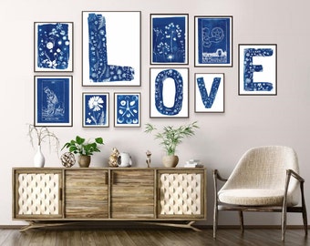 Instant Download Cyanotype Art Prints: Handcrafted Vintage-Inspired Home Decor with LOVE Series -Printable Wall Art for Modern Country Homes