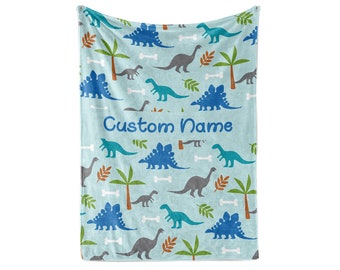 Light Blue Dinosaur - Personalized Custom Fleece and Sherpa Blankets with Your Child's Name - Small Medium and Large Sizes