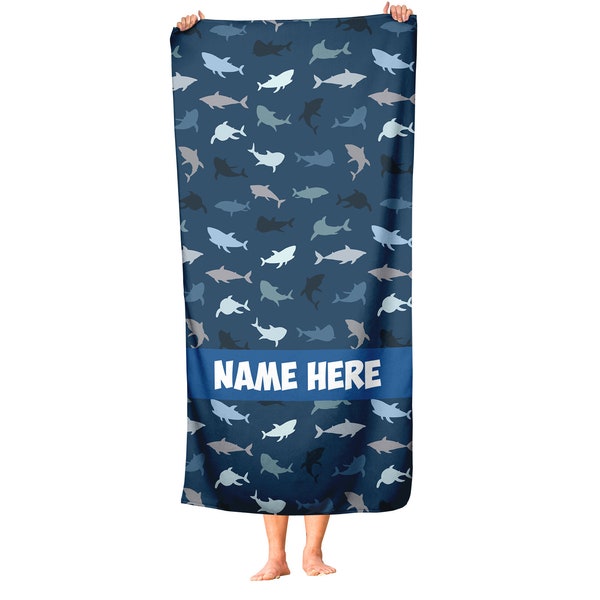 Nautical Shark Theme - Personalized Colorful Pattern Shark Towel for Kids - Customize your Beach Pool and Bath Towels for Toddler Boys Girls