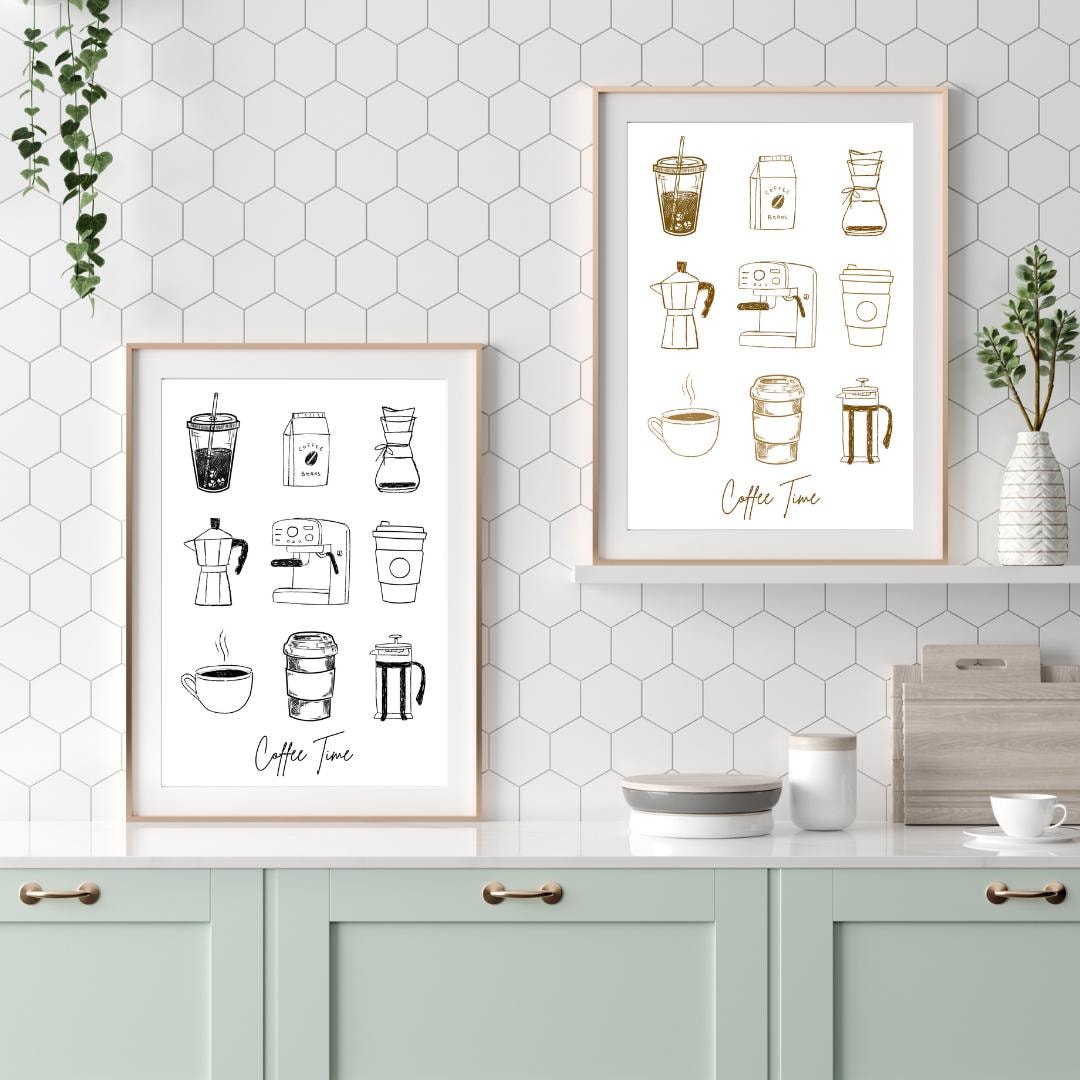 set of 6 kitchen prints coffee print set kitchen art... Coffee Time Wall Art | Minimalist Coffee Print Set | Digital Download ...
