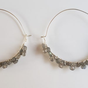 Labradorite & Sterling Silver Delicate Hoop Earrings Large Hoop Earrings Raw Stone Earrings