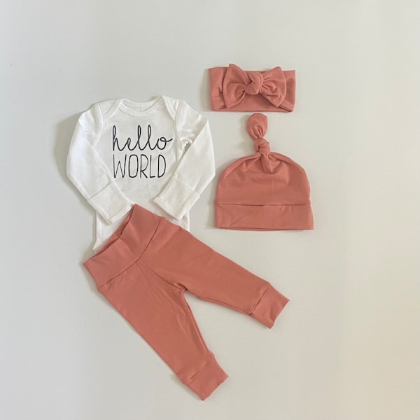 hello world baby outfit, baby girl outfit, coming home outfit, baby shower gift, baby announcement, newborn girl pictures, pink baby outfit