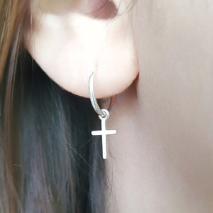 Cross hoop earrings, sterling silver huggie earrings, tiny dangling hoop earrings with charm, Dainty Hoop Earrings for men & women
