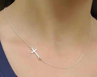 925 Sterling Silver sideways cross necklace, dainty cross necklace, tiny cross necklace, minimalist cross pendant, religion necklace