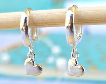 Sterling Silver Huggie Earrings: Tiny Heart Charm, 14-16mm Hoops