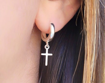 Cross Hoop Earrings, Small Sterling Silver huggie earrings, hoop earrings with charm, tiny chunky hoop earrings, dangle earrings men women