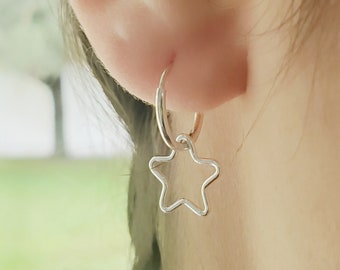 Small Sterling Silver Hoop Earrings, Star huggie earrings, tiny hoop earrings with charm, dainty celestial earring, Christmas gift for her