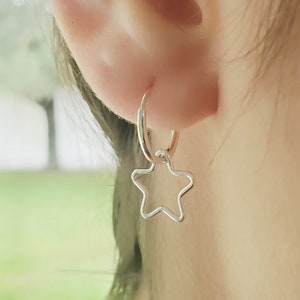Small Sterling Silver Hoop Earrings, Star huggie earrings, tiny hoop earrings with charm, dainty celestial earring, Christmas gift for her