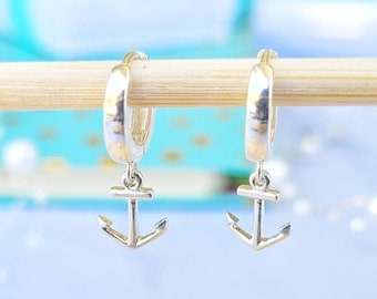 Small Sterling Silver hoop earrings, Anchor designer hoop earrings with charm, tiny huggie hoop earrings for women, Nautical Earrings