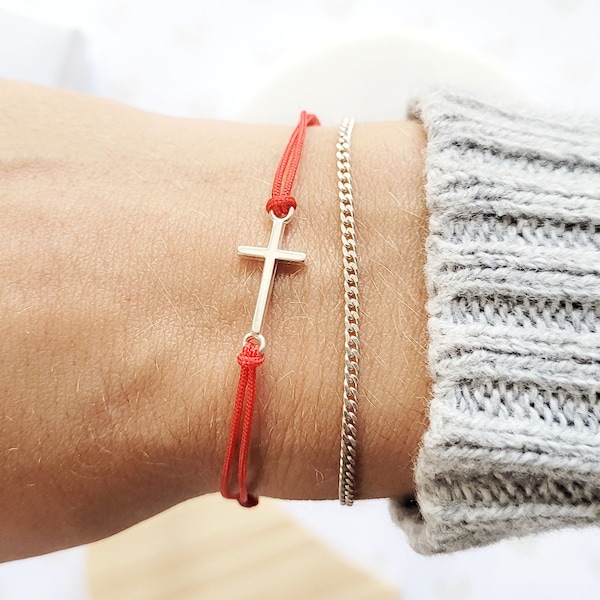 Cross bracelet Sterling Silver, cross jewelry, cross red String, Luck adjustable bracelet for men & women, religious Christian bracelet