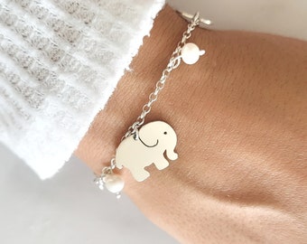 Lucky Elephant Bracelet Sterling silver, elephant jewelry, good luck bracelet, pearl bracelet, elephant gifts for women, mama elephant charm