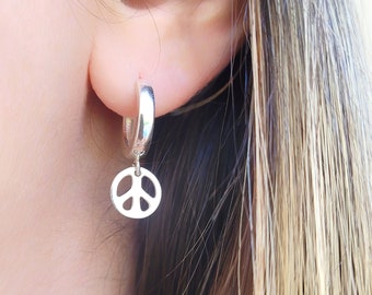 Peace Sign Earrings Sterling silver, peace symbol huggie hoop earrings, hippie earrings jewelry, tiny dangle earrings with charm, small hoop