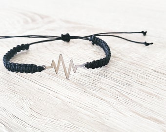 Heartbeat macrame bracelet set, 925 Sterling silver boyfriend girlfriend Bracelets, black string bracelet for couples, matching bracelets