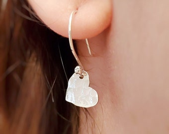 Hammered heart charm earrings, Sterling Silver heart shaped earrings, sacred heart earrings, dangle earrings, everyday silver jewelry