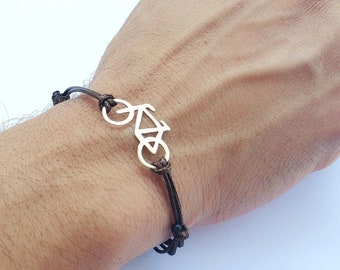 Sterling Silver Bicycle Bracelet: Adjustable Leather Cord, Cycling Gift