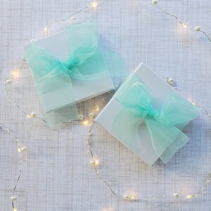 May include: Two white gift boxes with light blue sheer ribbon bows. The boxes are on a white textured background with a string of white lights.
