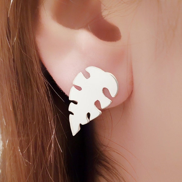 Sterling silver leaf earrings, botanical earrings, leaf earrings, simple stud earrings, nature earrings, tropic leaf earrings, gifts nature
