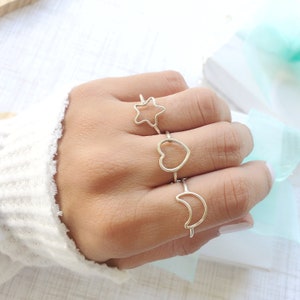 Heart Moon and Star Ring Sterling Silver, 3 Piece Ring set, celestial rings for women, stacking ring set, midi ring set, star ring heart