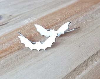 Sterling Silver Bat Stud Earrings: Halloween Ear Climber Jewelry