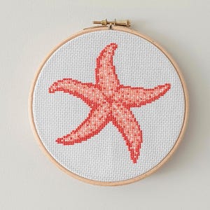 May include: A pink and white embroidered starfish in a wooden embroidery hoop.