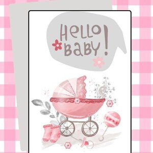 Tarjeta de bebé digital ¡Hola bebé! patucos de cochecito de bebé y sonajero rosa felicitaciones Tarjeta de felicitación Descarga imprimible