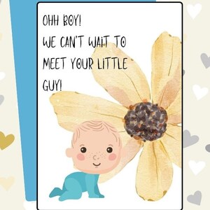 Tarjeta digital Baby Boy - ¡Ohh Boy! Estamos ansiosos por conocer a tu hombrecito, bebé y girasol. Tarjeta de felicitación Descarga imprimible