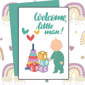 Tarjeta digital Baby Boy - ¡Bienvenido Hombrecito! juguetes para bebés y bloques de construcción felicitaciones Tarjeta de felicitación Descarga imprimible