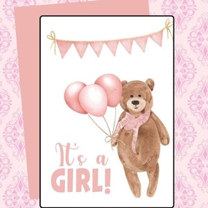 Carte numérique pour bébé C'est une fille ! Félicitations, ours en peluche et ballons roses, carte de voeux à télécharger