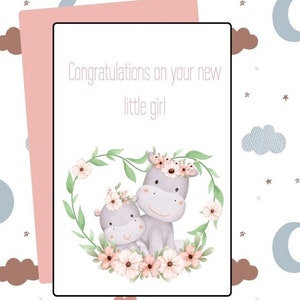Carte numérique pour bébé Félicitations pour votre nouveau-né, maman, hippopotame et bébé Carte de voeux à télécharger