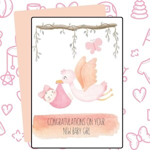 Carte numérique pour bébé Félicitations pour votre nouvelle petite fille ! Carte de voeux bébé et bébé papillon Téléchargement imprimable