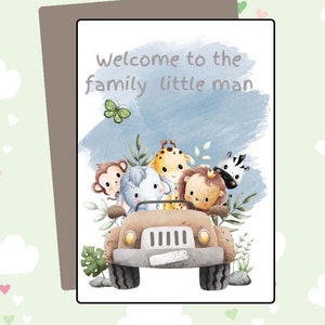 Tarjeta digital Baby Boy - Bienvenido a la familia hombrecito lindos animales de la selva felicitaciones Tarjeta de felicitación Descarga imprimible