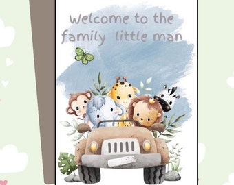 Digital Baby Boy card -  Welcome to the family little man cute jungle animals congratulations Greeting card Printable download