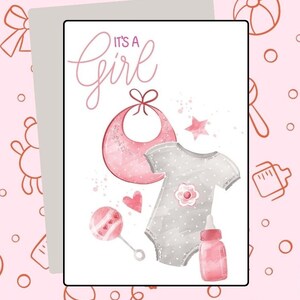 Carte numérique pour bébé C'est une fille ! Accessoires bébé roses Félicitations Carte de voeux Téléchargement imprimable