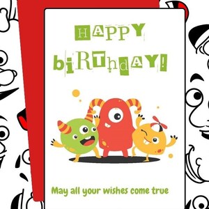 Digitale Happy Birthday card - Happy Birthday mogen al uw wensen uitkomen drie monsters Wenskaart Afdrukbare download