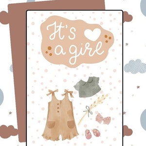 Carte numérique pour bébé C'est une fille ! Vêtements fille neutres de style bohème Félicitations fille Carte de voeux Téléchargement imprimable