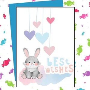 Biglietto di buon compleanno digitale - Auguri di buon compleanno coniglietto carino e palloncini a cuore Biglietto d'auguri download stampabile