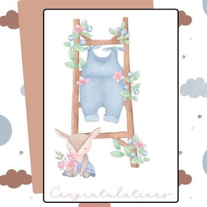 Carte numérique bébé salopette aquarelle félicitations et bébé fille cerf Carte de voeux Téléchargement imprimable