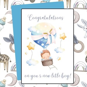 Carta digitale Baby Boy - Congratulazioni per il tuo nuovo bambino in mongolfiera Biglietto d'auguri per bambini Download stampabile