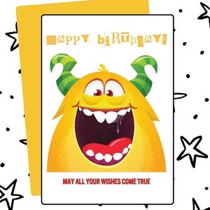 Digitale Happy Birthday card - Happy Birthday mogen al uw wensen uitkomen geel monster Wenskaart Afdrukbare download