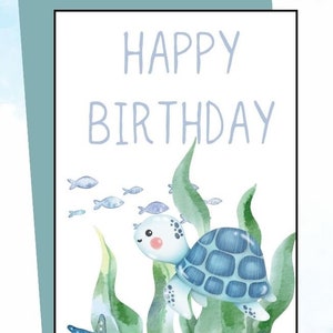Cartão digital de feliz aniversário - Cartão comemorativo de feliz aniversário fofo tartaruga aquarela e algas marinhas para download para impressão
