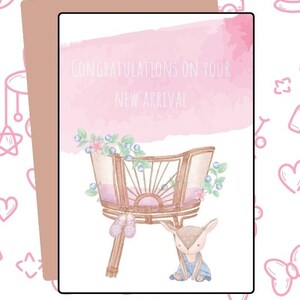 Carte numérique pour bébé Félicitations pour la nouvelle arrivée de bébé fille aux cerfs et aux fleurs Carte de voeux à télécharger