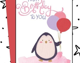 Digital Happy Birthday card -  Happy Birthday to you penguin with balloons Greeting card Printable download