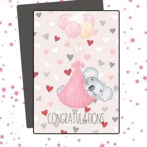 Carte numérique bébé Félicitations Koala dans un paquet bébé avec des ballons bébé Carte de voeux Téléchargement imprimable